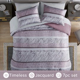 Comfort Spaces Purple King Comforter Set - 7 Pieces Trendy Modern Jacquard Bedding Sets with Sheets King, All Seasons Skin-Friendly, Lightweight & Soft Microfiber King Bed Set, Shams, King, CS10-1683
