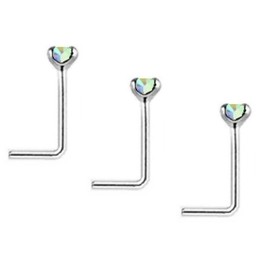 SET OF 3, AB RAINBOW Crystal L SHAPE Nose Studs STERLING SILVER Thin 0.6mm Bar CHOOSE CRYSTAL SIZE (3x AB 2mm L)
