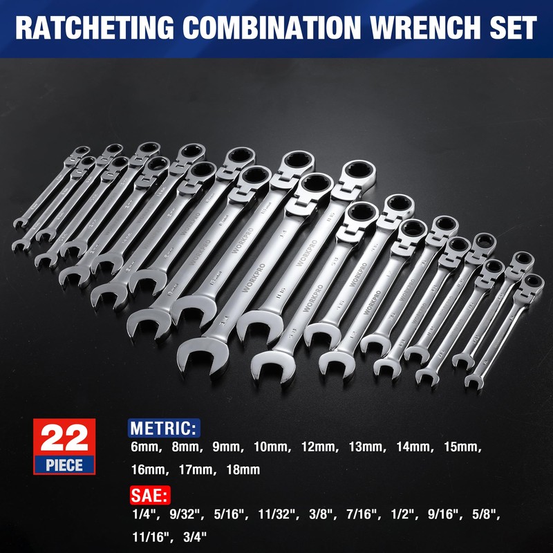 WORKPRO 22-Piece Ratcheting Wrench Set, Flex-Head Ratchet Combination Wrench Sets
