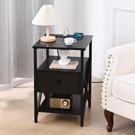 Livofloral End Table with Wireless Charging Station, Black Side Tables Living Room with Outlet, End Table with Wood Drawer, Night Stand with Storage for Bedroom, Bedside Tables