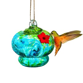 QFkris Blown Glass Hummingbird Feeder for Outdoors Hanging, Small Hummingbird Feeder with Flower Feeding Ports, Bird Feeder for Outside Garden Backyard Decor, Gifts for Women Mom Turquoise