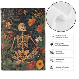 MIEPOS Gothic Skeleton in Wildflower Throw Blanket, 50x60in, Soft, Lightweight Flannel,Goth Botanical with Meditative Bones and Blooming Garden Blankets, for Home Living Room Decor