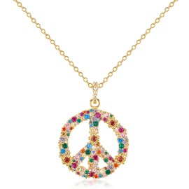Colorful Peace Sign Pendant Necklace for Women 14K Gold Plated Cubic Zirconia Peace Hippie Necklace Rhinestone Love Peace Symbol Charm Necklace Adjustable Chain Boho Hippie Jewelry Gift for Women