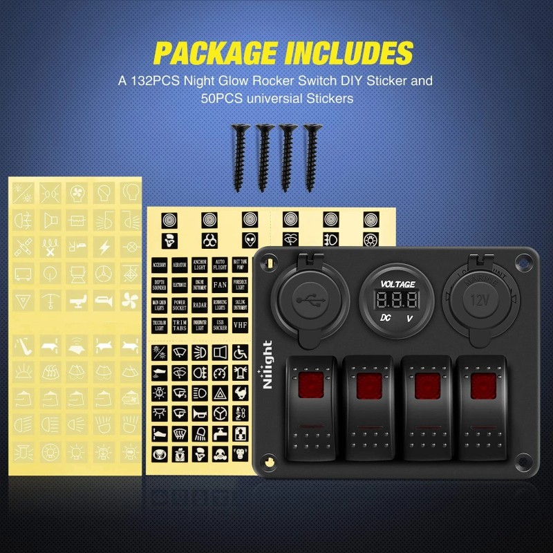 Nilight 4 Gang Rocker Switch Panel with USB Charger Voltmeter