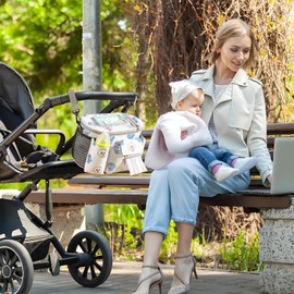 Stroller Caddy with Cup Holder - Non Slip Straps Stroller Bag,Waterproof Storage with Transparent Touch Control Secure Design for Baby Car Travel Mom Toddler Kid Use