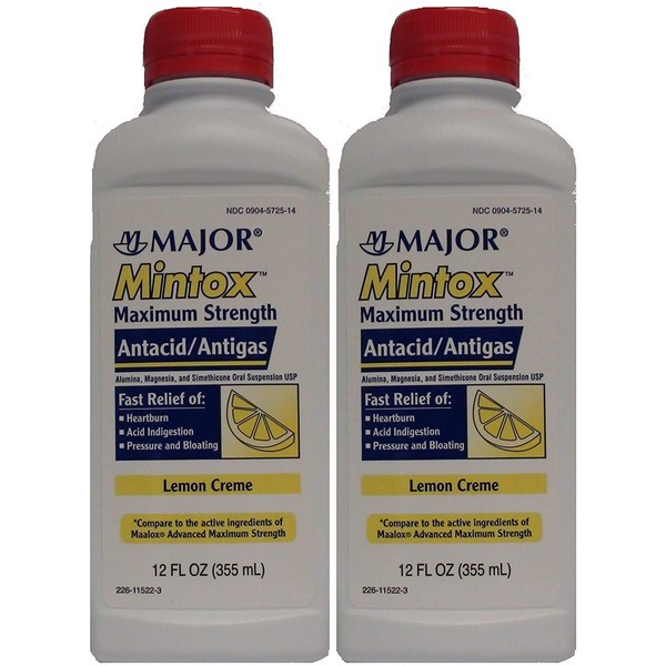 Mintox Maximum Strength Antacid Anti-Gas Liquid Generic for Maalox Max Lemon Flavor 12 oz Per Bottle 2 PACK by Major Pharmaceuticals
