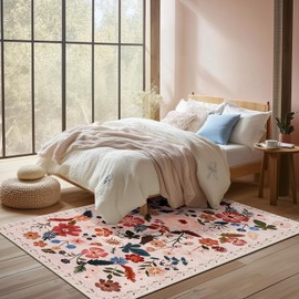 Ruhazlgoin Area Rugs 4x6 for Living Room Machine Washable Non Slip Sound Absorbing Soft Faux Fur Low Pile Carpet Rugs Beige Boho Floral Rug for Living Room Bedroom Kids Room College Dorm Dining Room