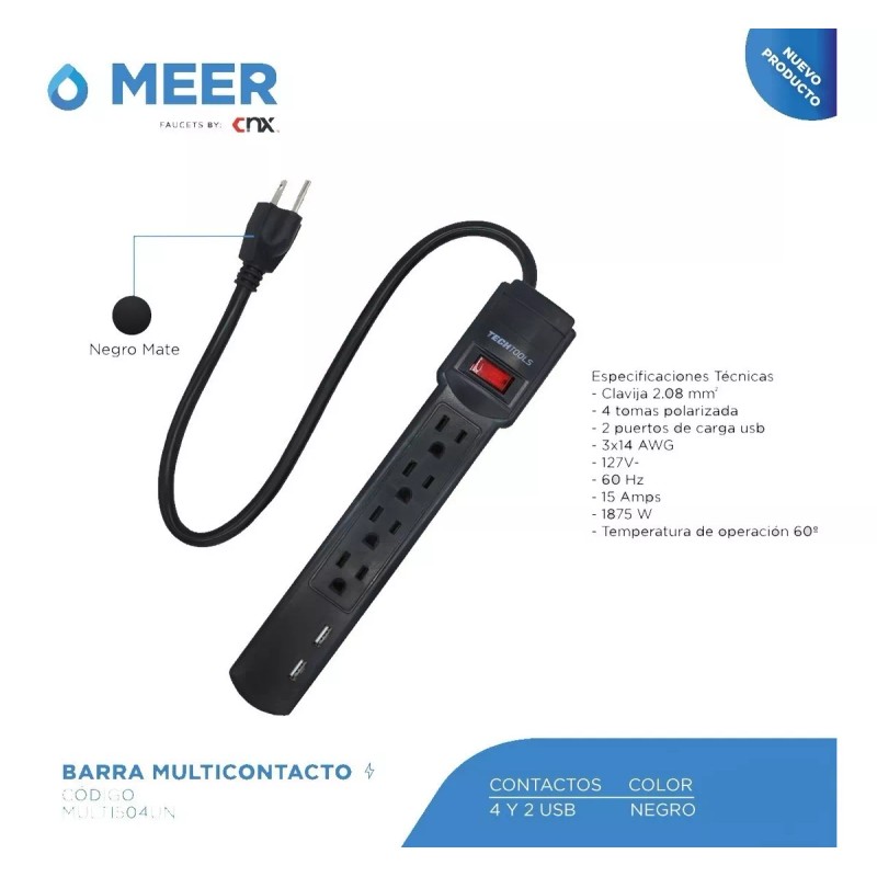 CNX Barra Multicontacto De 4 Tomas Polarizadas Y 2 Usb