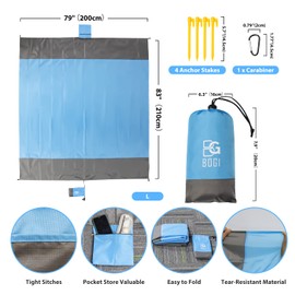 BOGI Sand Proof Beach Blanket, 79" X 83" Large Oversized Waterproof Sandless Beach Mat for 4-8 Adults, Outdoor Lightweight Compact Sand Free Picnic Blanket for Beach Travel Camping Hiking Picnic