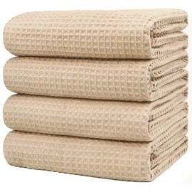 HOMEXCEL Waffle Bath Towels Set 4 Pack, Premium Microfiber Bathroom Towels, Ultra Soft, Lightweight, Highly Absorbent and Quick Dry Towel for Bathroom, Gym, Shower, Hotel, and Spa, 27 x 54 Inch, Beige