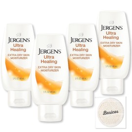 4Pack Jergens Ultra Healing Lotion Travel Size Bulk Pack, 3oz Each - Moisturizer for Dry Skin - Convenient On-the-Go Body Cream - Dermatologist Tested -Bonus Basicos Exfoliating Facial Sponge