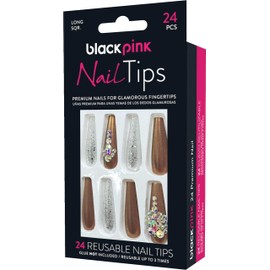 Blackpink Press-On Nail Tips Ready Painted Long Perfect Fit Ready To Go, Glue Included, Reusable, Glue on Nails, Long Nail Kit 24PC - BNT019