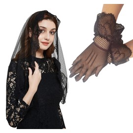 FANFAN Black Triangle Veil & Fishnet Gloves Set - Funeral Lace Veil with Short Gloves for Gothic Wedding,Religious Ceremonies & Cosplay Accessories Y084 (Black)