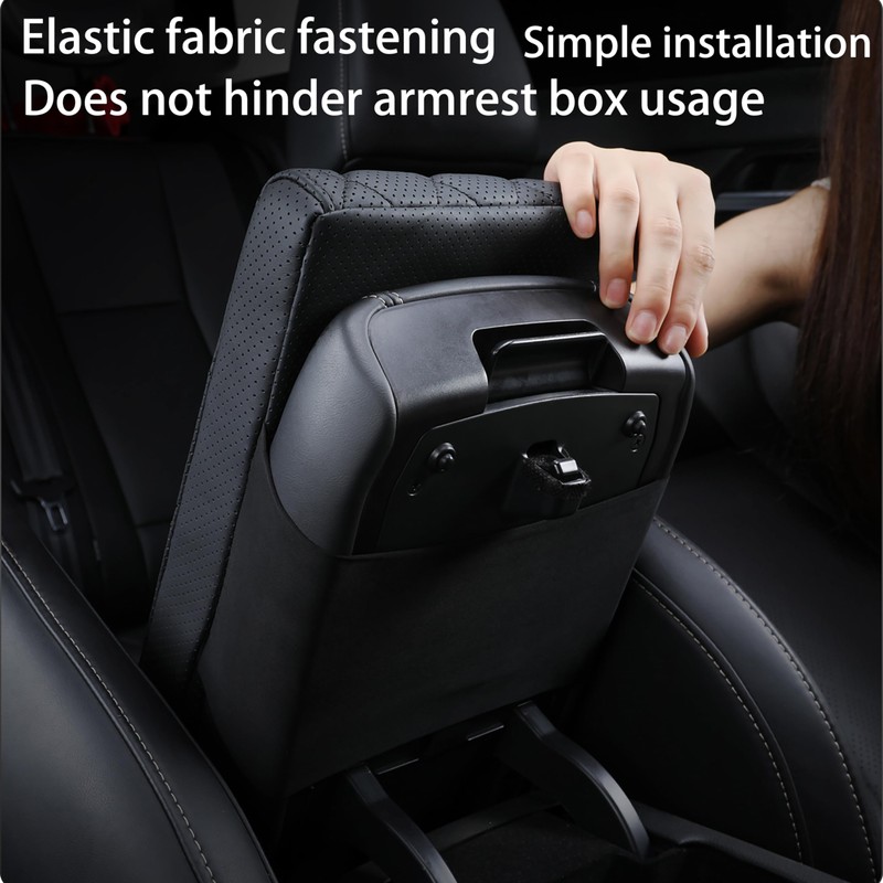 POKSRI Car Center Console Cover pad Genuine Cowhide Leather,Black Armrest
