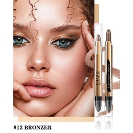 Cream Eyeshadow Stick-1Pcs Glitter Shimmer Bronzer Metallic Cream Eye shadow Stick with Soft Brush,Rotatable Eye Brightener Pencil Crayon, Long Lasting Waterproof for Smoky Metallic Eye Makeup-12#