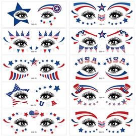 Fourth of July Face Temporary Tattoo,10 Sheets USA Patriotic Tattoos Stickers Red White and Blue Flag Star Design Waterproof Independence Day Temporary for USA Party Favors Decoretions Accessories