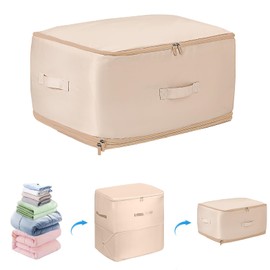 2 Pack Ultra Space Saving Self Compression Organizer, Compression Duvet Storage Bag Large Capacity, Heavy Duty Moving Organizer Bags for Comforters, Clothes, Bedding (Beige, X-Large)