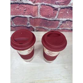 Temptations By Tara Set of Two Old World Red Tumblers With Lids Travel Mugs 16oz