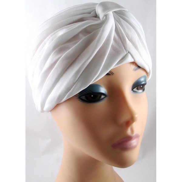 White Pleated Satin Turban Hat Head Cover Sun Cap