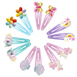 Bmeigo 12PCS Hair Clips for Girls, Cute Hair Barrettes with Flower Butterfly Rainbow Mermaid Unicorn Glittery Small Hairpins Set for Toddlers Kids Teenagers Hair Style Accessories(A)
