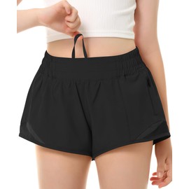 DOCUMO Girls Athletic Shorts with Liner Lightweight Running Shorts for Teen Girls Kids Quick Dry Sports Active Short with Zipper Pocket (Black, X-Large)