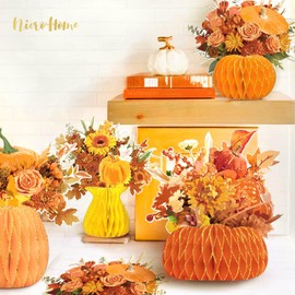 NICROHOME EUR Fall Decoration, 4 PCS Honeycomb Paper Vase Set with Artificial Flowers Pumpkin, Brown Orange Fall Paper Vase Table Centerpiece for Thanksgiving Halloween Home Kitchen Autumn Table Decor