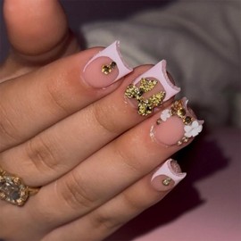 French Tips Press on Nails Medium Square Fake Nails with Gold Bow Charm Design Rhinestone Glue on Nails Glossy White Floral Stick on Nails Reusable Summer False Nails for Women Girls Manicure 24Pcs