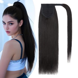 S-noilite Wrap Around Ponytail Extension Human Hair #1B Natural Black Ponytail Extensions Real Remy Hair 18inch Long Straight Clip in Human Hair Ponytail 90Grams