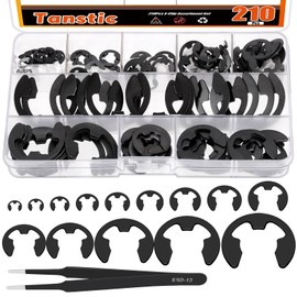Tanstic 210Pcs 14 Sizes E-Clip External Retaining Ring Assortment Steel E-Clips for Bearings, Gears, Shafts (M1.5-M22) with Tweezers
