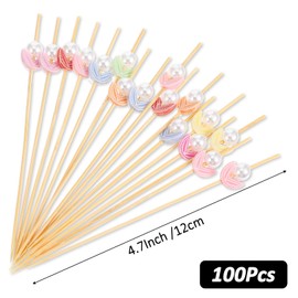 TIESOME 100 Counts Cocktail Picks, 4.7'' Fancy Decorative Bamboo Toothpicks Multi-Color Pearl Skewers Wooden Food Sticks for Appetizers Party Supplies Valentines Party Food Drinks