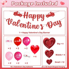 Valentine Decorations Set, Happy Valentines Day Banner, 18pcsBalloons & 20 pcs 3D Hearts Hanging Decoration, Valentines Day Party Decor for Home, Wall,Ceiling