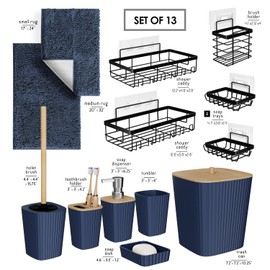 Clara Clark Bathroom Set - Navy Blue Bathroom Accessories Set, 6PC Bathroom Accessory Set, Bathroom Sets with Bathroom Rugs, Adhesive Corner Shower Caddy Hanging, Toilet Brush & Trash Can