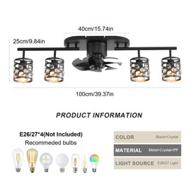 Garwarm Ceiling Fans with Lights and Remote,39.3" Kitchen Ceiling Fan,360° Rotatable Lampheads Bladeless Black Fandelier Flush Mount Ceiling Fans for Bedroom Dining Room Living Room（6 Speed, Timing）