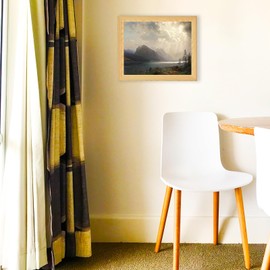 Brivoria Framed Canvas Wall Art Vintage Decor, Dramatic Mountain Scene with Dark Forest Canoes and Cloud Break Above Lake for Hallway Dining Room or Nature-Inspired Wall Decoration, 13"x16"