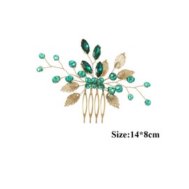 Bridal Crystal Hair Comb Wedding Pearl Beaded Hair Piece Rhinestone Green Emerald Hair Slide Comb Golden Leaves Hair Clips for Bride Bridesmaid