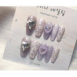 [In-store special discount] Light purple tweed magnetic gel handmade nail tip - short coffin / [입점초특가할인]연보라 트위드 자석젤 수제네일팁 - 숏코핀