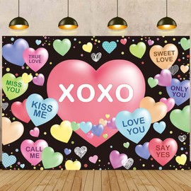 Valentine’s Day Backdrop Sweethearts Candy Conversation Hearts Party Decorations Banner Black Love Hearts Valentines Day Photography Background for Home Party Banner