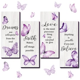 Geelin 4 Pcs Butterfly Wall Decor Butterfly Bathroom Decor Dreams Faith Love Believe Wall Decoration Elegant Hanging Inspirational Rustic Art Accessories(14.5 x 6 Inch,Purple)
