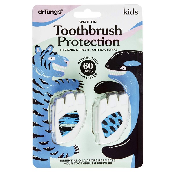 Dr. Tung's KIDS Snap-On Toothbrush Protector 2 Count, Fits Most Manual and Power Brushes, Powerful Natural Vapors Circulate Through the Bristles - Assorted Colors