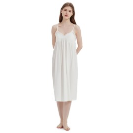 VALITY Women's Nightgown Sleeveless Cotton Sleep Dress Lace Spaghetti Strap Sleepshirts Victorian Sleepwear, White, Tagsize L=USsize M