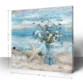 Large Canvas Wall Art for Living Room Blue Beach Wall Decor Ocean Theme Print Seaside Framed Artwork for Bedroom Bathroom Abstract Seascape Painting Coastal Flower Picture Home Office Decor 30x30inch