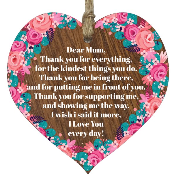 Mum Gifts Wooden Hanging Heart Plaque, Light Wood Sign, Best