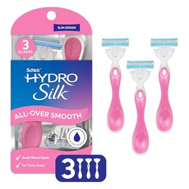 Schick Hydro Silk - Maquinillas de afeitar desechables de 3 hojas para mujer, 3 unidades, esenciales de viaje, afeitadora para mujer, diseño delgado, 