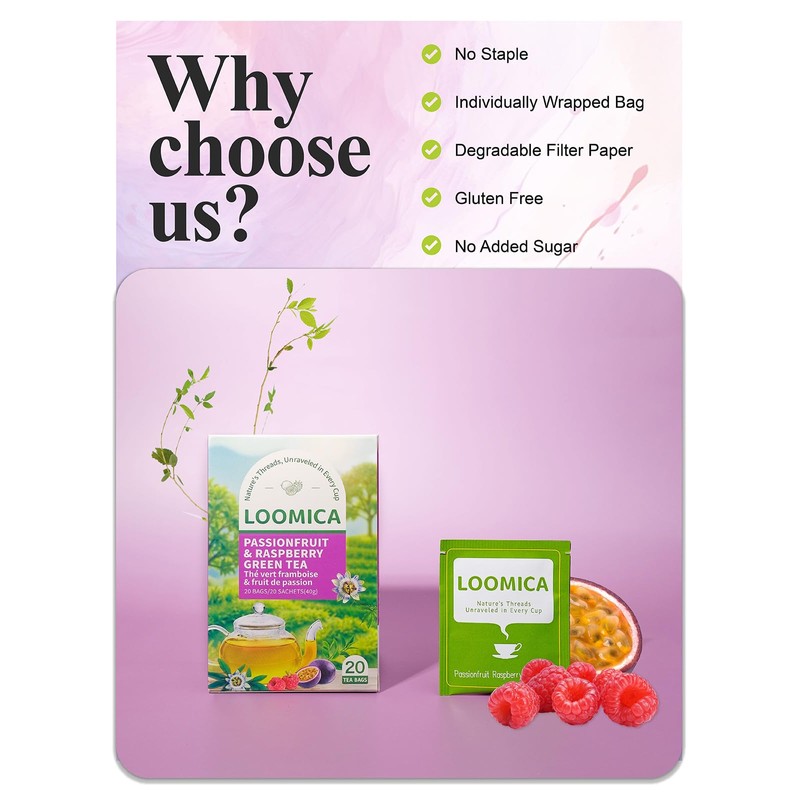 LOOMICA Passionfruit Raspberry Green Tea, Tropical Fruity Blend of Passion