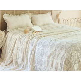 ABREEZE Vintage Cotton Bedding Set Hand Crochet Bedspread Hook Floral Beige Lace Bed Spread with Pillowcases 3Pcs,King