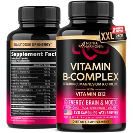 Vitamin B Complex for Men & Women - Made in USA - B-Complex: B1, B2, B3, B5, B6, B7, B8, B9, B12 with Vitamin C, Choline, Inositol - Energy, Brain & Heart Support Supplement, 120 Vegan Capsules