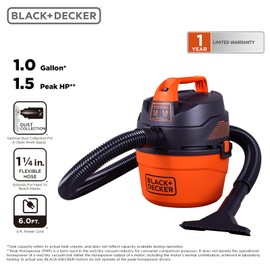 BLACK+DECKER Shop Vacuum Wet and Dry, Small Shop Vac with Accessories, 1 Gallon 1.5 Peak HP, Wall Mount Mini Vacuum for Garage, Home and Pet, 60CFM (BDXV18101P-1H)