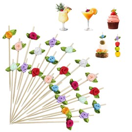 100PCS 4.9inch Mixed Color Rose Flower Cocktail Picks, Flower Toothpicks, Party Toothpicks – Assorted Bamboo Skewers for Baby Shower, Cupcakes, Weddings, Charcuterie, Party Food, Drinks, Dessert