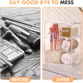ShellKingdom Soporte para Brochas de Maquillaje, Organizador Transparente de Brochas de Cosméticos con Cajón para Almacenar Brochas con Tapa y Perla para Tocadores y Vanidades