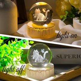 2.36in. 3D Cat Themed Crystal Ball Gifts for Women Cat Lovers, K9 Crystal Decorative Ball Engraved Cat Figurine Paperweight with LED Light Base for Home Office Ornament